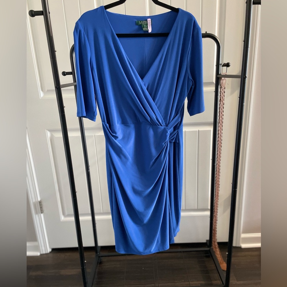 Ralph Lauren Blue Ruched Wrap Midi Dress